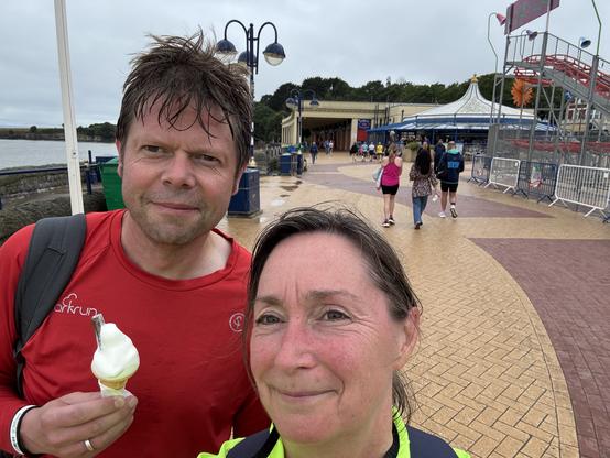 Selfie on the seaside prom with Ceri who is eating a Mr Whippy style 99 flake ice cream. Mine is out of shot. The funfair and Marco’s cafe are in the background