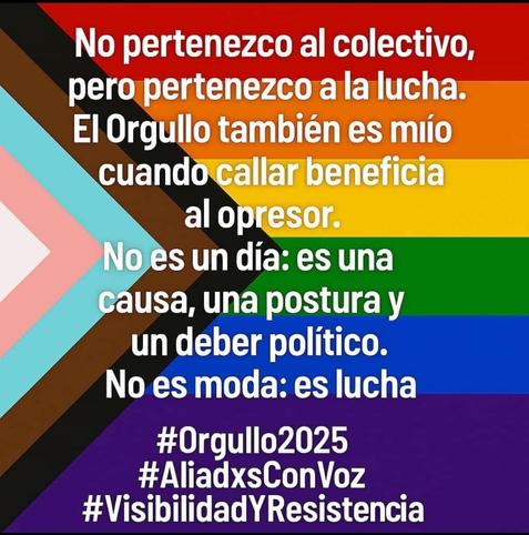 Cartel con la bandera LGTBIQ+ de fondo y la leyenda “No pertenezco al colectivo, pero pertenezco a la lucha. El Orgullo también es mío cuando callar beneficia al opresor. No es un día: es una causa, una postura y un deber político. No es moda: es lucha”.