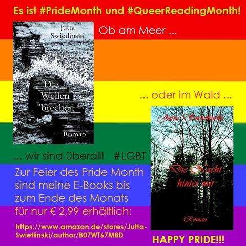 Die Cover der Romane „Die Wellen brechen“ und „Die Nacht hinter mir“ von Jutta Swietlinski mit Werbetext vor einem Regenbogenhintergrund. (Bilder: privat und Pixabay)