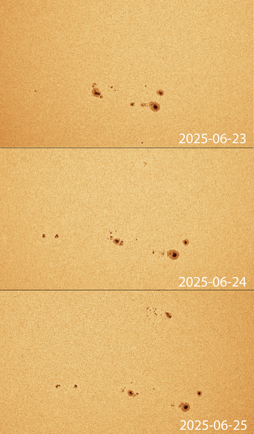 Zoomed in to highlight the sunspot areas in each of three images. The first image has a single small spot trailing and nothing above. The second has faint spots above and larger spots forming to the left. The third image has lots of small spots in a cluster above the main group and the trailing spots are more spaced out.