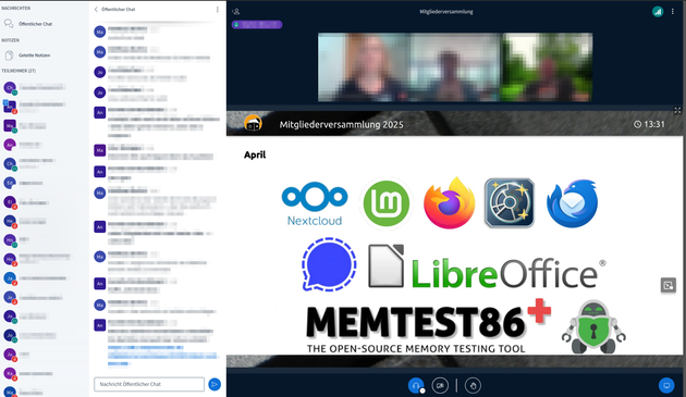 Screenshot einer BigBlueButton-Session, Inhalte und Personenbezogene-Daten zum Zwecke des Symbolcharakters verpixelt