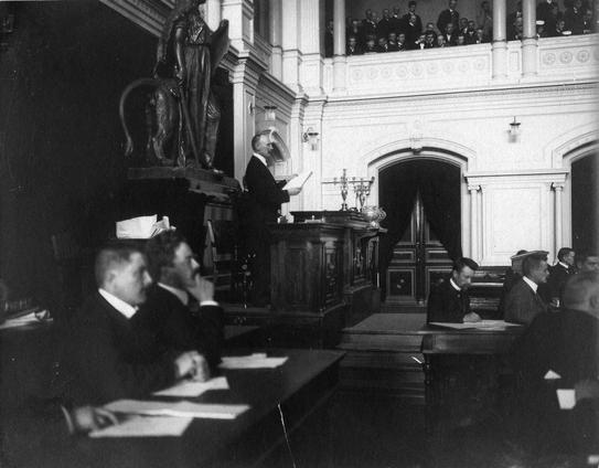 Ensimmäisten yksikamaristen valtiopäivien avajaisistunto 25. (1907, Helsingin kaupunginmuseo)

Alkuperäinen mustavalkoinen valokuva, jonka on ottanut Signe Brander.