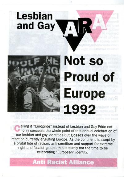 folleto de Lesbian and Gay Anti Racist Alliance contra el Europride de 1992, para más contexto escuchar el programa
