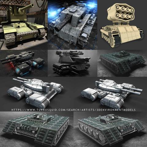 collage of multiple renderings showing 3d models of different military vehicles from realistic to sci-fi