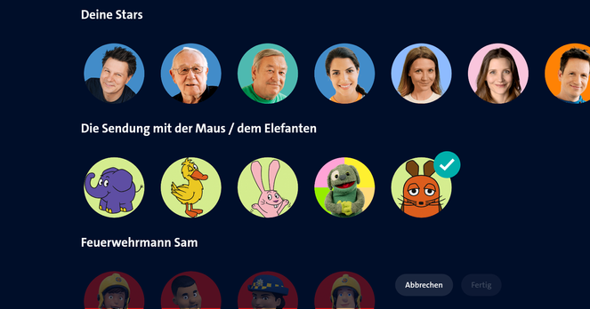 Screenshot met keuzes voor (deel van) avatars te kiezen voor account. Veel portretten en karakters