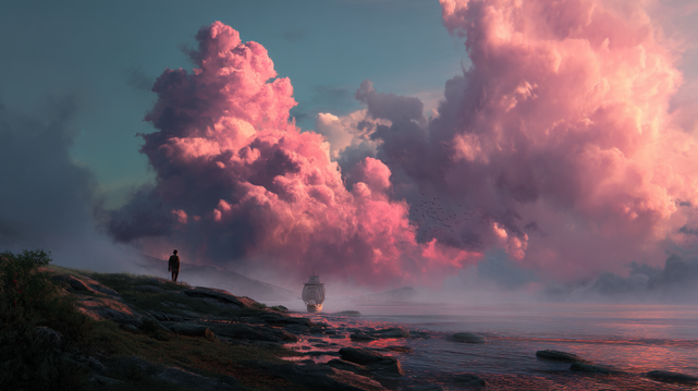 Là où les rêves prennent le large.
Paysage onirique avec un voilier approchant le rivage sous des nuages roses géants, observé par une silhouette solitaire.
Dreamlike landscape with a ship nearing shore beneath towering pink clouds, watched by a solitary figure.