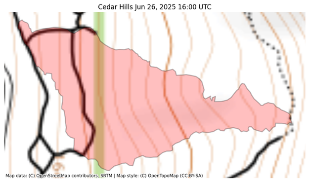 Visual map representation of the Cedar Hills wildfire, showing the perimeters of the 13.960291791024796 acre fire on a map.