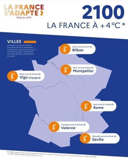 Carte de France métropolitaine bleu pale sur fond bleu roi portant quelques indications de villes dont Paris, qui est promis au climat de Montpellier, Toulouse à celui de Valence, Marseille à celui de Séville, Lyon à celui de Rome ou Brest à celui de Vigo.