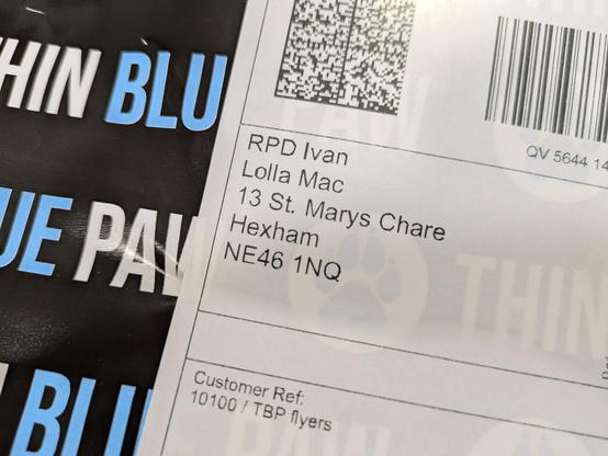 The address label of a package sent  from Thin Blue Paw to the LollaMac shop in Hexham. It is addressed to a certain RPD Ivan.