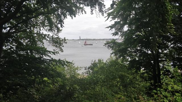Foto vom Ufer der Kieler Förde, von einem erhöhten Standpunkt im Wald am Falckensteiner Strand aus aufgenommen. Zwischen den Laubbäumen und Sträuchern ist eine runde Öffnung, durch die ein Blick auf das Wasser entsteht.

In der Mitte des Bildes ist ein traditionelles Segelschiff zu sehen.  Daneben sind weitere kleine Segelschiffe unterwegs. Im Hintergrund am anderen Ufer ist das Marinedenkmal von Laboe zu erkennen.