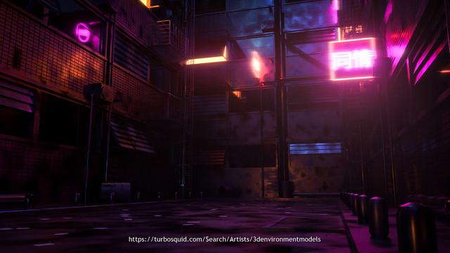 deep in a street in a city with glowing neon signs at night with majestic sky after the rain