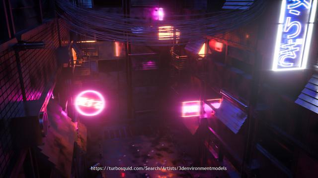 top view of a street in a city with glowing neon signs at night with majestic sky after the rain