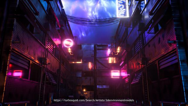 a street in a city with glowing neon signs at night with majestic sky after the rain