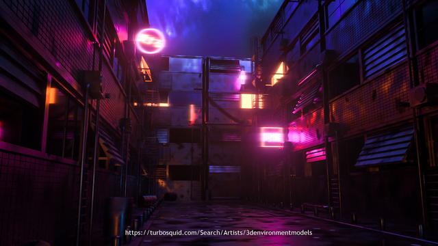 different angle of view of a street in a city with glowing neon signs at night with majestic sky after the rain