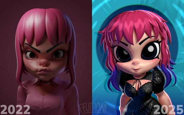 Two versions of Ramona Flowers fan art. 
The one on the left was created in 2022 and was based on her character from the 2010 "Scott Pilgrim vs. the World" live-action movie, sculpted and rendered more realistically.
The one on the right was created a week ago (2025) and was based on her character from the 2023 "Scott Pilgrim Takes Off" Netflix animated series, sculpted and rendered more stylized and cartoonish.