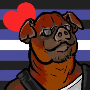 A reddish colored pig wearing glasses with the leather pride flag behind him