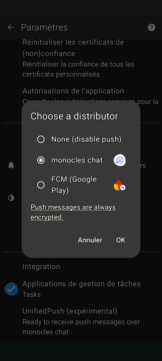 Screenshot de davx5 montrant les serveurs push supporté dont monocles.