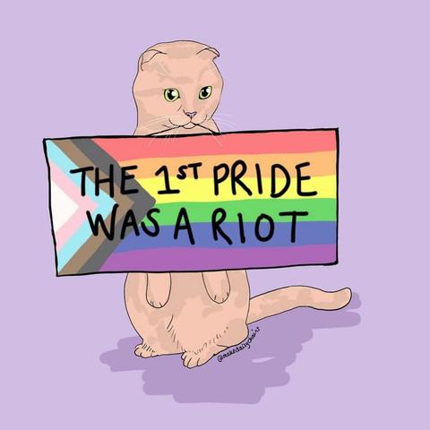 A cartoon meme features acute orange cat standing on its hind legs on a lavender background. The cat's ears are either small or laid out flat (it's hard to tell because the meme was drawn to look faded or dark, as if it were nighttime, I think). In its mouth, the cat is holding a string or wire which is attached to a sign displaying the progress pride flag. The phrase "The 1st Pride was a Riot" is drawn across the flag.