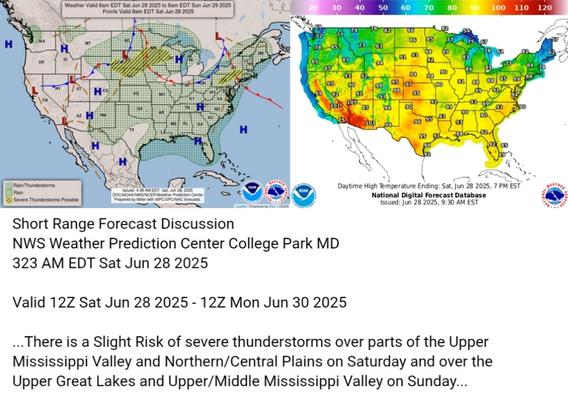 Valid 12Z Sat Jun 28 2025 - 12Z Mon Jun 30 2025

...There is a Slight Risk of severe thunderstorms over parts of the Upper
Mississippi Valley and Northern/Central Plains on Saturday and over the
Upper Great Lakes and Upper/Middle Mississippi Valley on Sunday...