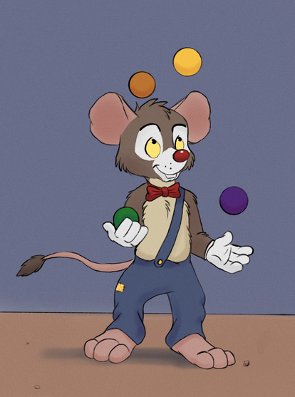 A cartoon mouse in baggy pants juggles some colorful balls.