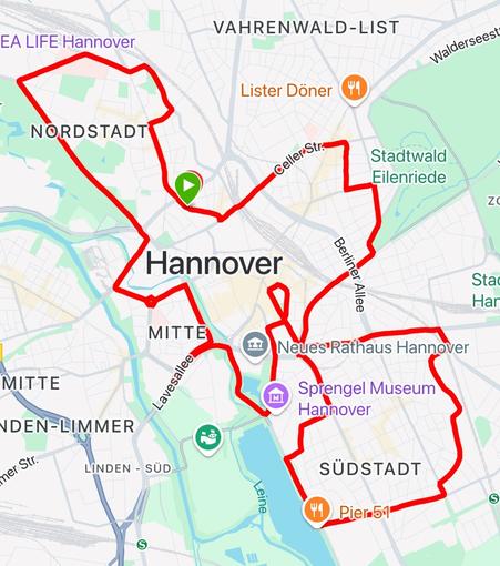 Screenshot einer Karte. Hannover von oben. Eine rote Linie zeigt die gefahrene Strecke