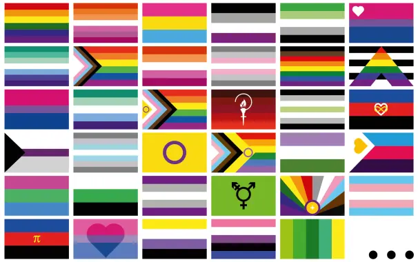 Rechteckige Schachbrett Collage von 6x6 Feldern, gefüllt mit 35 bunten Pride Fahnen ganz links oben die Regenbogenfahne von Gilbert Baker und ganz rechts unten drei Punkte für nicht abgebildete und künftige Pride Flags...