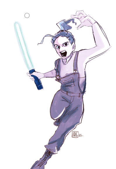 Dessin d'une femme en colère, un sabre laser dans une main, prête à fondre sur toi. Réalisé par moi-même sur Clip Studio Paint