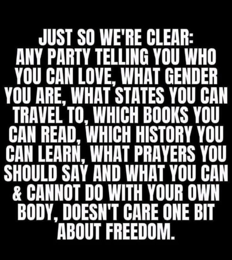 JUST SO WE'RE CLEAR:
ANY PARTY TELLING YOU WHO YOU CAN LOVE, WHAT GENDER YOU ARE, WHAT STATES YOU CAN TRAVEL TO, WHICH BOOKS YOU CAN READ, WHICH HISTORY YOU CAN LEARN, WHAT PRAYERS YOU SHOULDL SAY AND WHAT YOU CAN AND CANNOT DO WITH YOUR OWN BODY, DOESN'T CARE ONE BIT ABOUT FREEDOM.