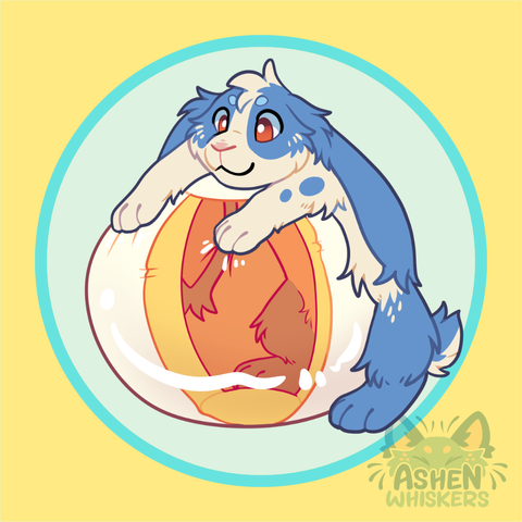 a blue and white bunny laying across the top of a white, yellow and orange beach ball
