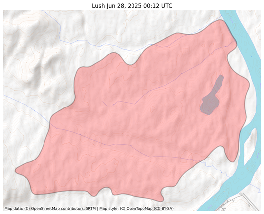 Visual map representation of the Lush wildfire, showing the perimeters of the 12720.545531424897 acre fire on a map.
