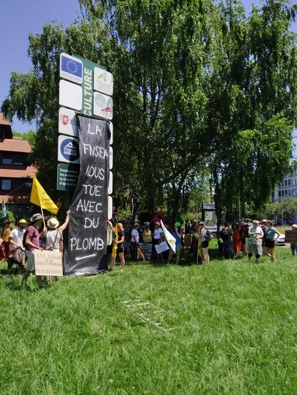 Banderole suspendue devant la chambre d'agriculture de Pau : "La FNSEA nous tue avec du plomb" Une personne passe avec un panneau "Loi cancérigène pour les enfants"