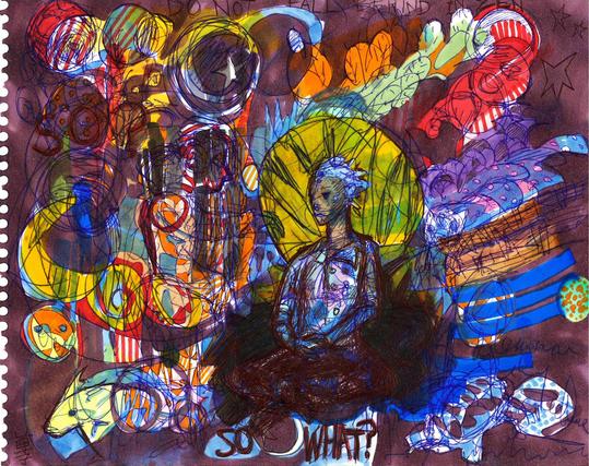 a marker drawing using flat colors to describe a mixture of curious shapes - perhaps figures, or animals, or plants? the figure in the center is seated in a cross-legged, thoughtful pose which reminds me of something