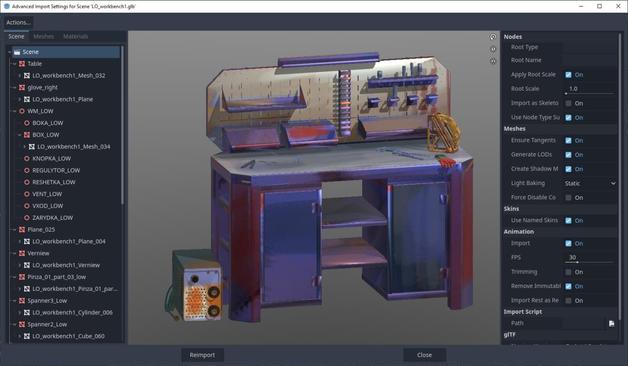 Screenshot of a Godot engine viewer for 3D models, showing a scifi workbench with many tools. Instead of realistic textures it is handpainted in a sketchy look with upbeat colours.
