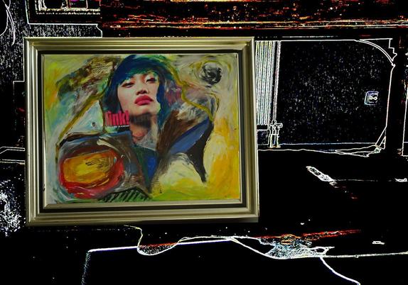 A vibrant mixed media portrait combining expressive brushstrokes and a photographic cutout of a woman’s face. The background is full of bold abstract forms in yellows, reds, and blues, framed by a silver border and set against a digitally altered, high-contrast room.