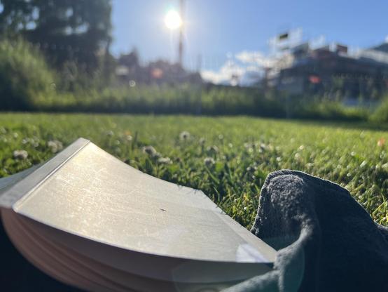 Eine Nahaufnahme eines Buches, das auf grünem Gras ruht, mit einem dunklen Tuch in der Nähe. Der Hintergrund zeigt Sonnenlicht und eine verschwommene Szene von Gebäuden und Laub.