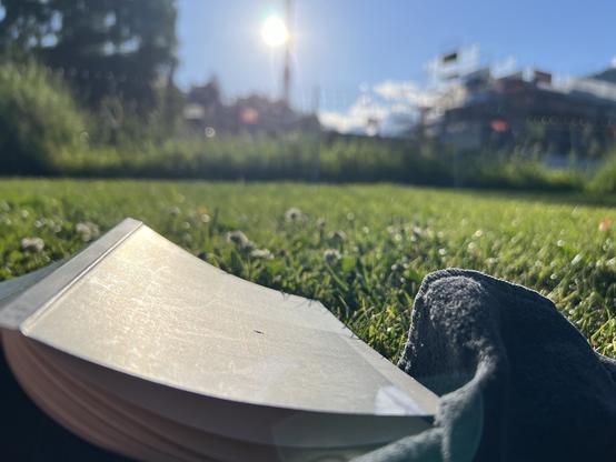 Eine Nahaufnahme eines Buches, das auf grünem Gras ruht, mit einem dunklen Tuch in der Nähe. Der Hintergrund zeigt Sonnenlicht und eine verschwommene Szene von Gebäuden und Laub.