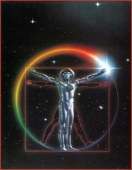 this is a picture of an androgynous human or human-type figure that has been drawn to show proportions, it is a re-imagining of a famous drawing by Leonardo da Vinci, Vitruvian Man, which illustrates concepts of proportion by aligning the outstretched arms and legs with a square and a circle.  in this one the person or android seems to be covered by or skinned with metal or a metal suit, and the background is a star field like in outer space.  the circle is a rainbow