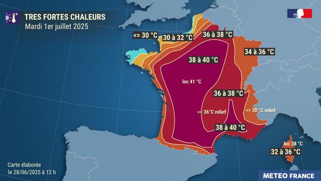 MeteoFrance forecast for Tuesday 1st of July '25.  it shows a map of France with colours applied to show temperatures forecast for areas of the country.  The hottest is displayed as 38°c to 40°c and it covers a vast area of central France stertching from north-east , out to the west and down to the south. I'd estimate it covers around a third of the country.  From those hot regions, it cools towards the borders, with the lowest temperatures forecast as a relative sliver along the north coast as far west as Brittany.  The vast majority of the country is forecast to see temperatures of 36•c or over.