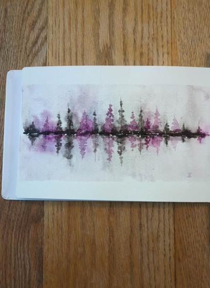 This is a Reflective Atmospheric Watercolor Landscape in landscape orientation in a rectangular composition.  Using Daniel Smith Bloodstone Genuine and Rose of Ultramarine. Masstone is focused along the tree line which is then diluted above and below the tree line in to bursts of medium values which is then pulled out further to light values.  Bloodstone Genuine has gritty dark brown color and granulation which is quite evident in the lighter values. Rose of Ultramarine, a red purple, splits out into blue and pink in the more in the medium values. The evergreen trees span the distance with taller ones in the center and shorter towards the sides.