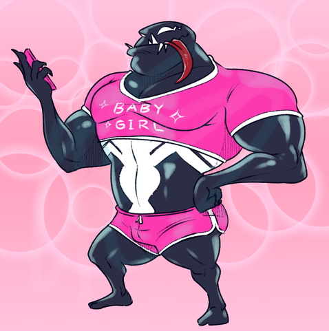 Marvel's Venom, a superhero/supervillain who is a man fused with a goopy alien symbiote, is standing in a show-off pose, holding a smartphone in one hand, other fist against his hip. He wears a pink crop-top shirt with the words "Baby Girl" on it, as well as a pink pair of booty shorts, exposing most of his black and white muscular body. He has a vacant look on his face, tongue and some of his sharp teeth sticking out from an underbite of a mouth.
