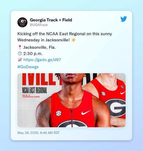 Kicking off the NCAA East Regional on this sunny Wednesday in Jacksonville! ☀️ 

📍 Jacksonville, Fla.
🕑 2:30 p.m.
📈 https://t.co/NB623IR87j

#GoDawgs https://t.co/rVEirdi9qE