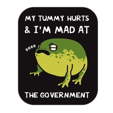 An illustration of a green frog with eyes partially closed saying eeee with meme format text. The top part says my tummy hurts & I’m mad at and the bottom part says the government