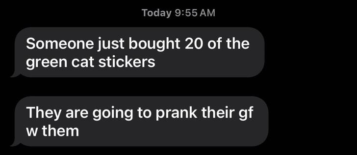screenshot of a text from someone selling my cat stickers at an art fair:
-Someone just bought 20 of the green cat stickers
-They are going to prank their gf w them