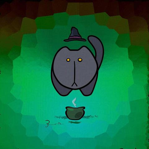 Summoning Stare: cartoon illustration shows a smouldering green cauldron sitting beneath a floating black cat with solid yellow eyes, long muzzle & serious frown. a tiny pointed, slightly crumpled, black witch hat with purple trim hovers just above the cat's head