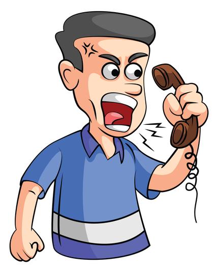 Cartoon of a middle aged man looking angry shouting at a telephone
