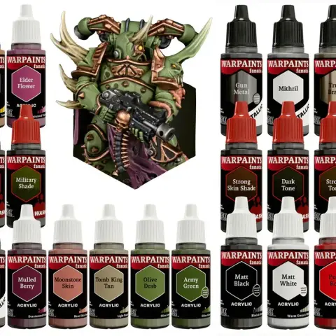 A detailed image showcases a vibrant miniature of a Chaos Space Marine, prominently featuring green skin, horns, and intricate armor details, holding a weapon. Surrounding the miniature are various paint bottles labeled with names like "Elder Flower," "Military Shade," and "Gun Metal," organized in two groups. The colors range from earthy tones to metallics, emphasizing the curated selection for painting Chaos forces in Warhammer 40,000.