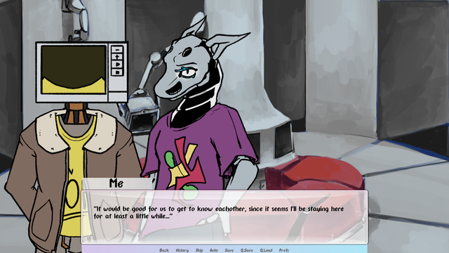 screenshot from my work in progress visual novel, showing 2 robot characters