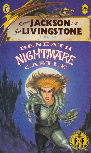 A woman in a full body suit attacking the reader with claws attached to her gloves. The full moon shines behind her. A dark castle looms in the background on a mountain.
