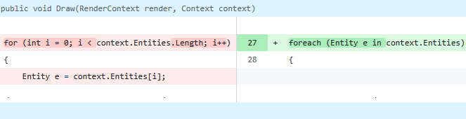 commit diff from "for (int i = 0; i < context.Entities.Length; ++i)" to "foreach (Entity e in context.Entities)"
