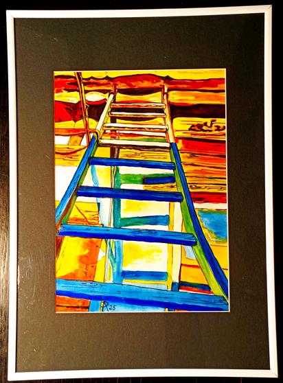 Das abstrakte und sehr bunte Gemälde einer Leiter und ihrer Schatten. Das Aquarell  wird dominiert von den Farben Gelb und verschiedenen Blau- und Grüntönen. Akzente sind mit Rot gesetzt.
